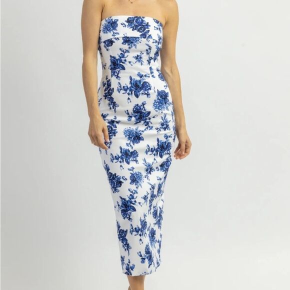 Floral Blue and White Midi Dress - Picture 1 of 6